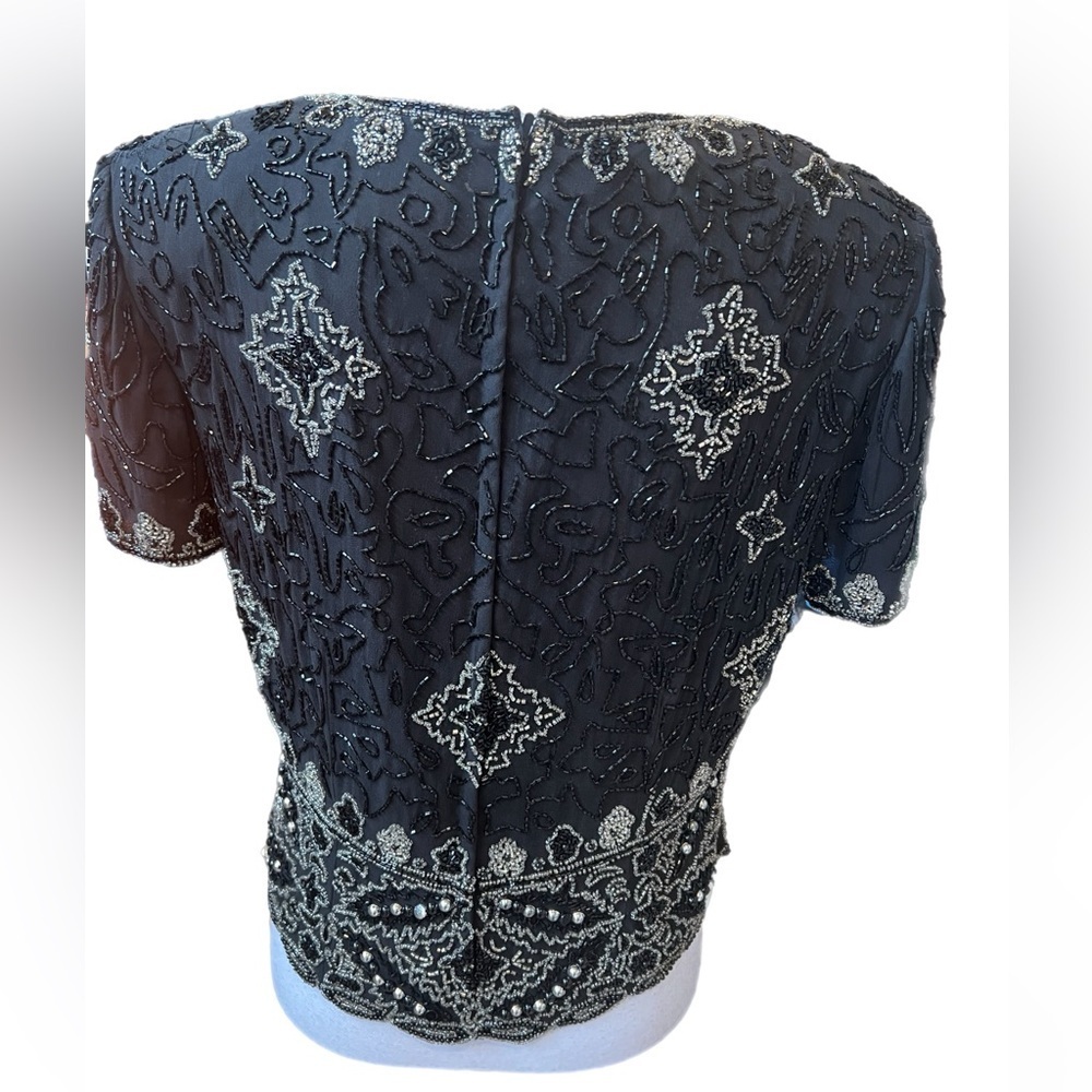 Stunning NWT Papell Boutique Short Sleeve Beaded Top Zip Up Back Size Large - Picture 4 of 6